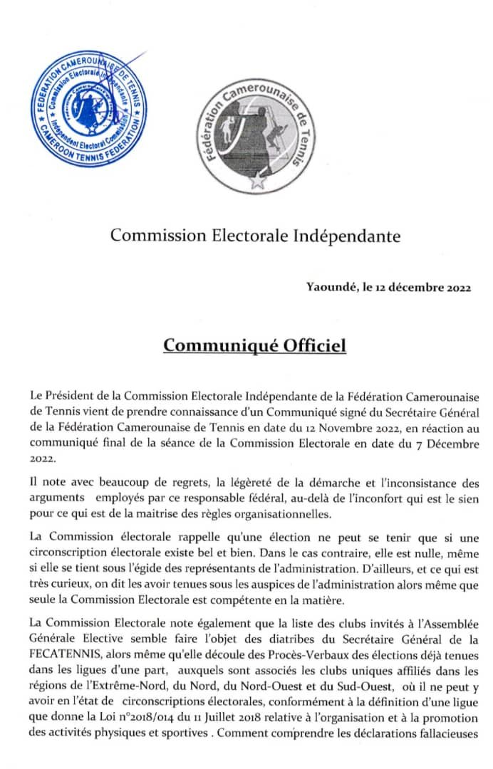 FECATENNIS :  LA COMMISSION ÉLECTORALE REMET LES PENDULES A L'HEURE.