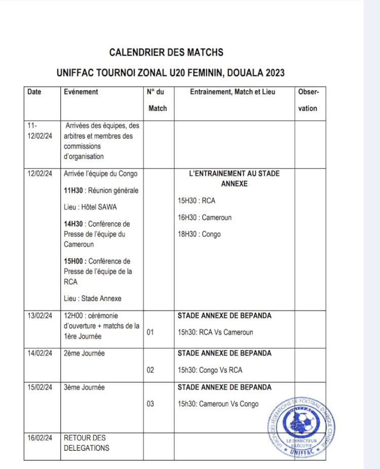 UNIFFAC Tournoi Zonal U20 féminin 2023: Programme complet de la compétition.