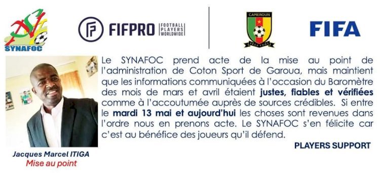 Football : Salaires impayés, le SYNAFOC Fait une Mise au Point suite à la sortie de Coton Sport.