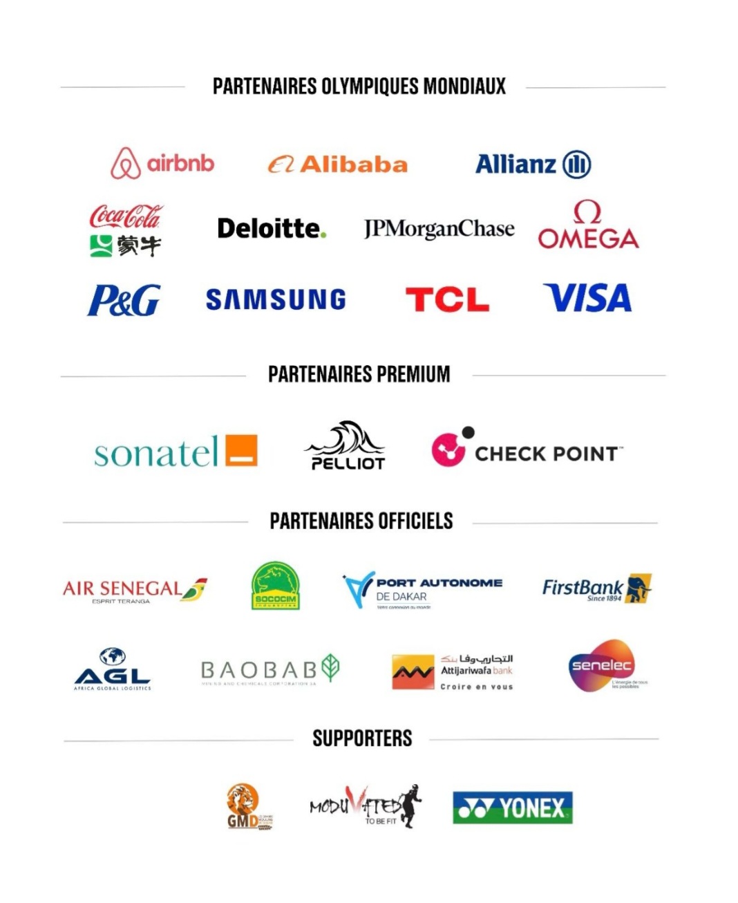 Logos des partenaires et sponsors des Jeux Olympiques de la Jeunesse Dakar 2026.