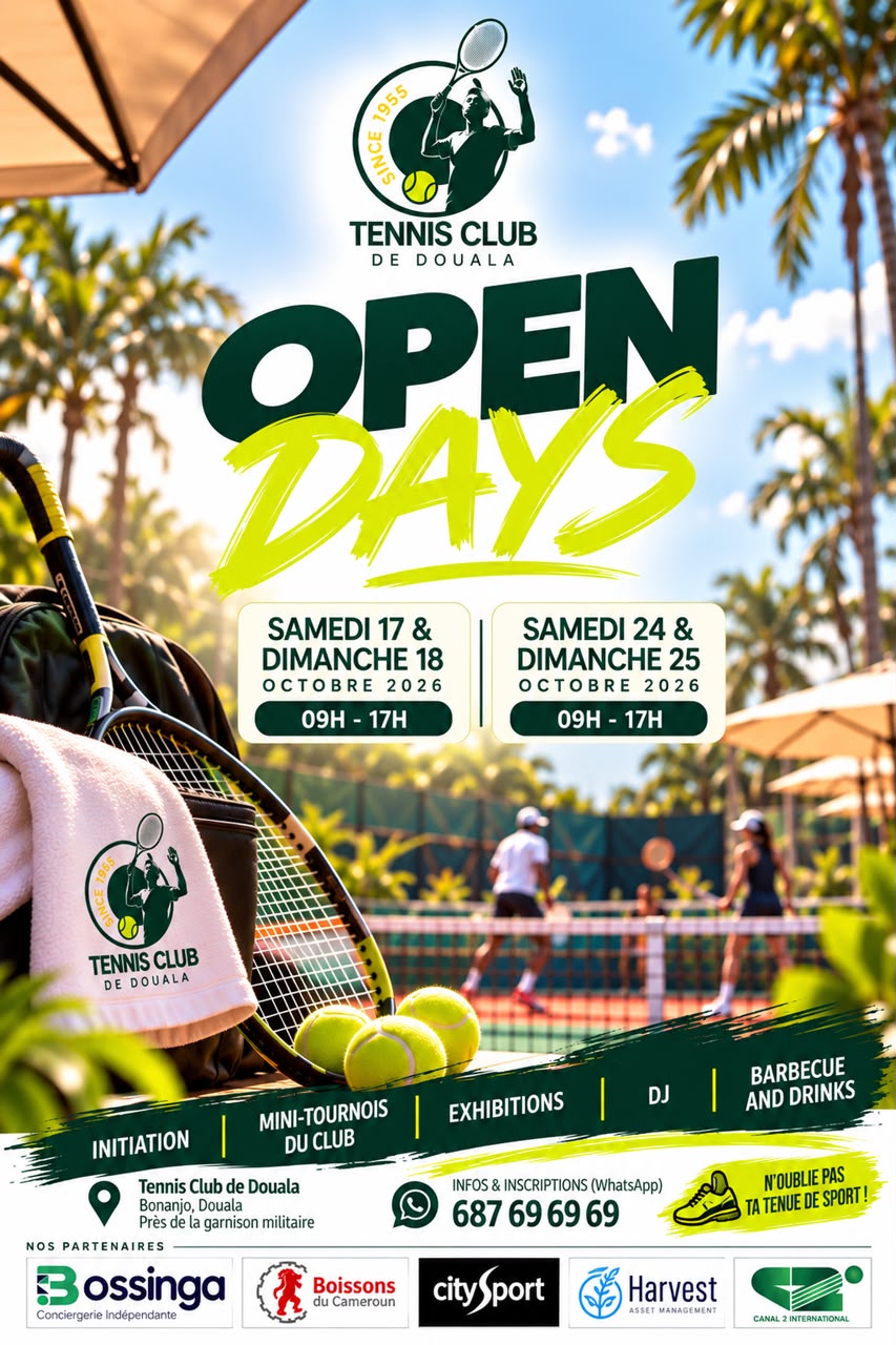 Affiche des journées portes ouvertes du Tennis Club de Douala les 17, 18, 24 et 25 octobre 2026.