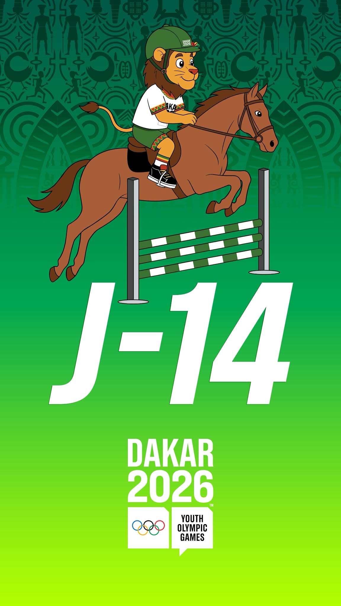 Ayo Mascotte des JOJ Dakar 2026 à cheval sur une affiche J-14 avant les Jeux Olympiques de la Jeunesse
