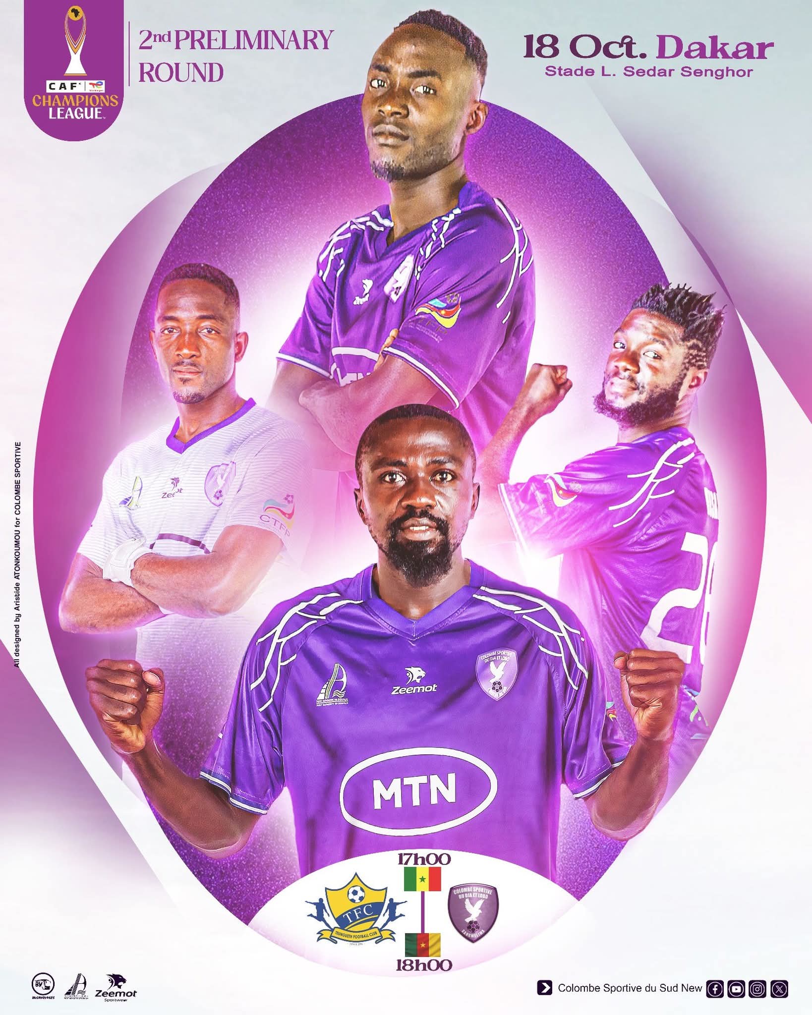 Affiche du match Colombe Sportive du Sud contre Teungueth FC au deuxième tour préliminaire de la Ligue des champions CAF, le 18 octobre à Dakar.